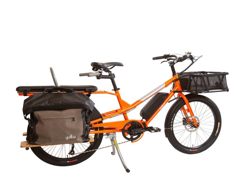 YUBA Kombi E5 compact electric mid-tail cargo bike, 24" wheels, cargo and kids, at Ride The Glide