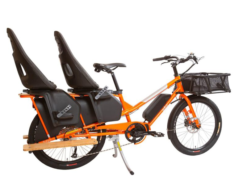 YUBA Kombi E5 compact electric mid-tail cargo bike, 24" wheels, fits two child seats, at Ride The Glide