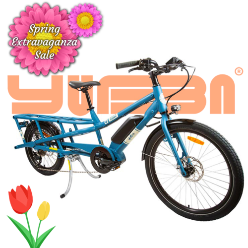 Yuba Spicy Curry Bosch mid drive longtail electric cargo bike, blue, Ride The Glide, Victoria BC Spring Extravaganza Sale