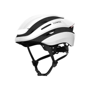 Lumos Ultra bike white helmet, with built in turn signal lights, front light and rear light