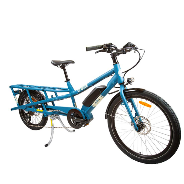 Yuba Spicy Curry Bosch mid drive longtail electric cargo bike, blue, Ride The Glide, Victoria BC
