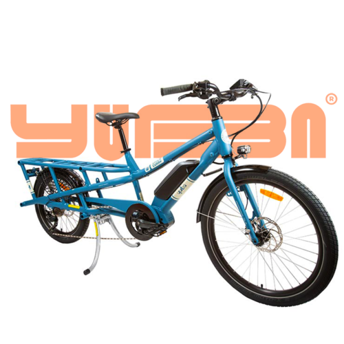 Yuba Spicy Curry Bosch mid drive longtail electric cargo bike, blue, Ride The Glide, Victoria BC